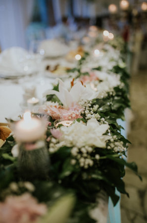A vertical shot of wedding table decorationsの写真素材
