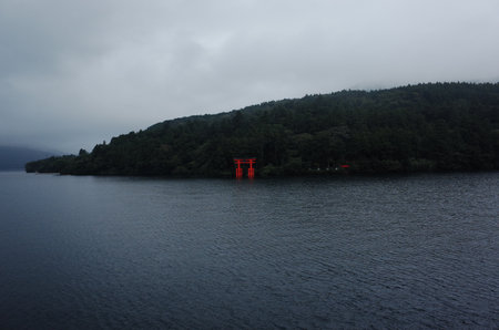 A beautiful lake view with a mountain in Onshihakone Park Hakone, Japanの写真素材