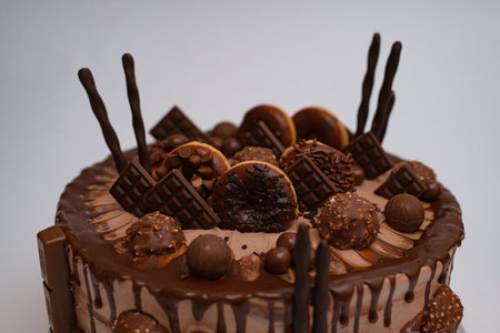 A closeup of a delicious and sweet creamy chocolate cake decorated with candiesの写真素材