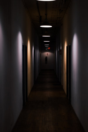 A vertical shot of a dark narrow corridor with soft lamps - perfect for wallpaper or backgroundの写真素材