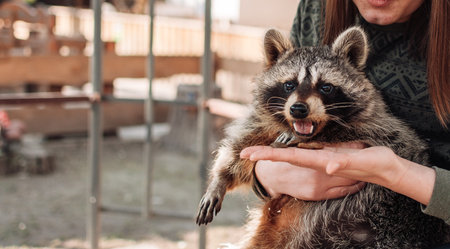 A shallow focus of a person holding an adorable funny raccoon in a zo