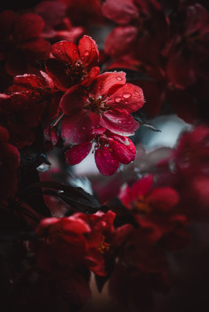 A closeup shot of beautiful red rhododendron flowers covered in dewdropsの写真素材