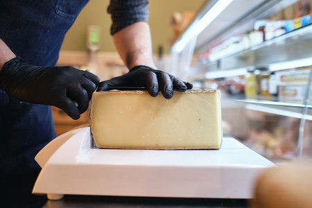 A male staff slicing a block of cheese in a local supermarket