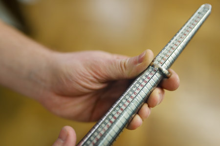 Goldsmith's hand measuring the size of a ring using a ring mandrel.の写真素材