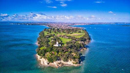 An aerial shot of a green island surrounded by the ocean under a clear blue sky