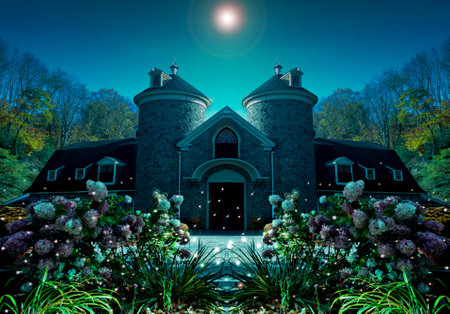 house at sundown with fireflies depiction