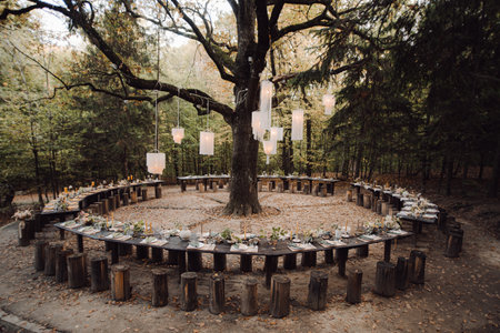 A beautifully designed wedding ceremony in the forestの写真素材