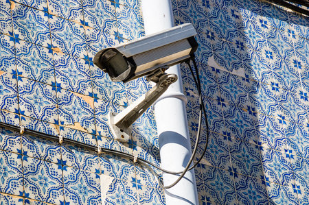 A closeup shot of a security camera in Lisbon, Portugal