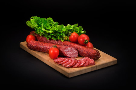 A closeup of salami and fresh vegetables on a cutting board floating on the black backgroundの写真素材