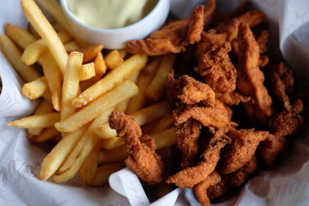 A closeup shot of fried chicken wings and french friesの写真素材