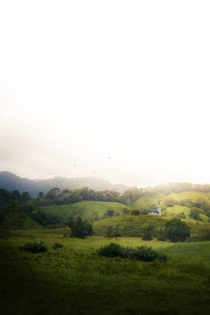 A landscape of green hills and house in the middle of the forestの写真素材