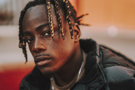 A handsome stylish Spanish man with dreads posing on a red blurred backgroundの写真素材