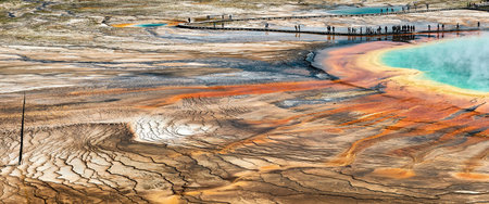 A panoramic shot of the Grand Prismatic Spring in Yellowstone National Park, Wyoming USAの写真素材