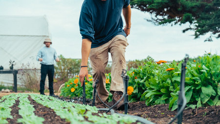 farmer working in his vegetable garden, installing water sprinklers, for an ecological and sustainable vegetable garden, caring for the environment anの写真素材