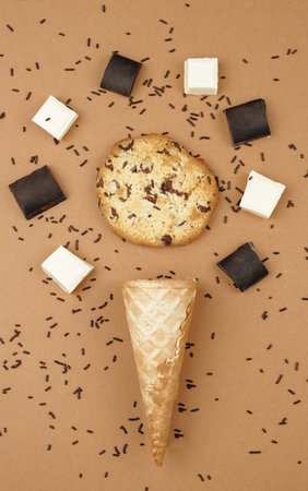A vertical shot of an ice cream cone with a cookie surrounded by chunks of chocolate on a brown backgroundの写真素材