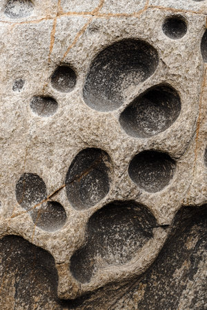 A vertical shot of natural rock texture with holes for background and wallpaperの写真素材