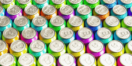 A 3D rendering of an overhead shot of soda cans of all colorsの写真素材