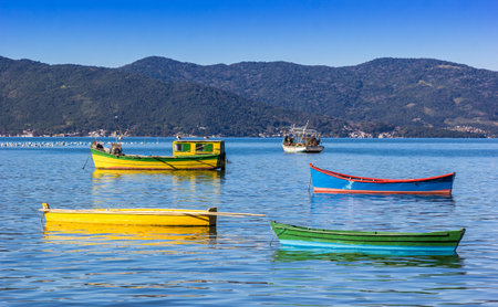 A lot of boats on the bay in Florianopolis, Brazilの写真素材