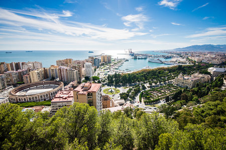 A  panaramic view of plaza de Toros and the city Malaga in  Spain with beautiful sea background