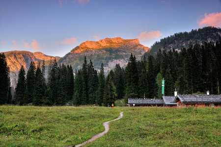 Sunset near Wasseralm, an idyllic place at Steinernes Meer mountain range, Berchtesgaden national park, Germany, bavarian alpsの写真素材