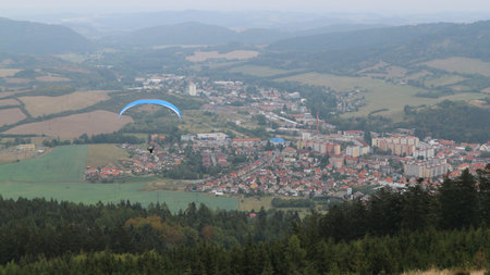 High angle of paragliding above the city Susice, Czech republicの写真素材
