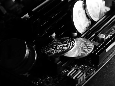 A grayscale of cryptocurrency coins lit in the darknessの写真素材