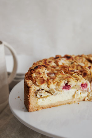 A closeup shot of delicious rhubarb cheese pie on a plate on a white table