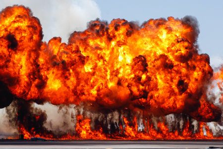 Massive explosion and wall of fire made of napalm.の写真素材
