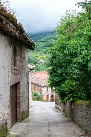 A vertical shot of a narrow street in the Pineda de la Sierra mountain village in Spainの写真素材