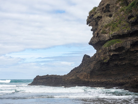 View of south side of Kaiwhare Point cliff from Piha Blowhole entranceの写真素材