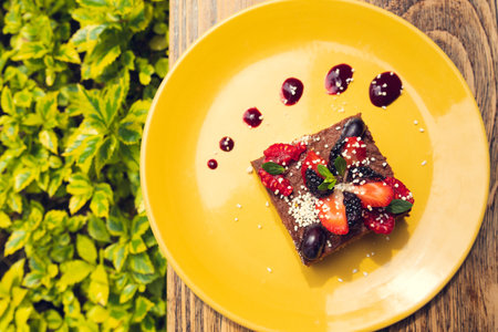 A top view of fresh chocolate brownie with berries on a yellow plate, with plants in the backgroundの写真素材