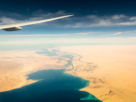 A beautiful view of the Suez Channel from a plane - perfect for wallpapersの写真素材