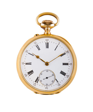 A luxurious gold pocket watch isolated on a white background