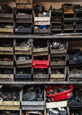 A vertical shot of various instruments and materials in old dirの写真素材