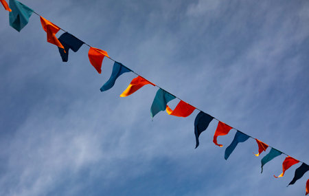 Red and blue celebration flags during carnivalの写真素材
