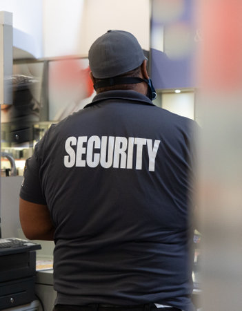 A rear view of a security guard in uniform patrolling in a commercial building.の写真素材