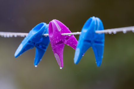 A selective focus shot of colored clothespins on a rope wet from a rain