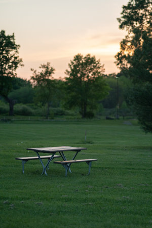 A table with chairs in a green land with a lot of treesの写真素材