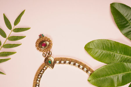 A top view of a beautiful necklace on a pink surface decorated with green leavesの写真素材
