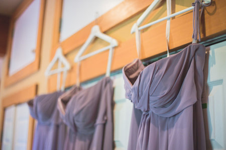 A closeup shot of bridesmaids dresses hanging upの写真素材