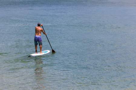 A surfer on a paddleboard swimming through a calm ocean