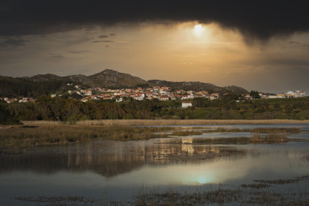 A beautiful sunset at the Louro village near Xalfas lake in Galicia