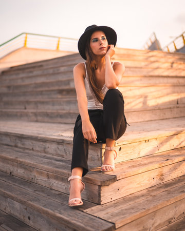 A beautiful brunette female in a black hat sitting on stairs and posing during the sunsetの写真素材