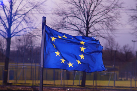 In an allotment garden next to the Main-Weser Railway, a winter storm unfolds the European flag.の写真素材