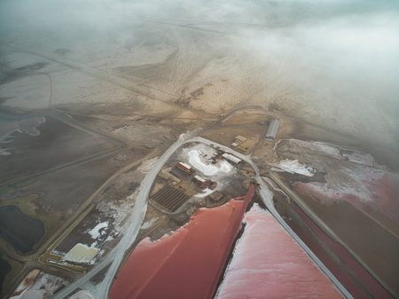 An aerial shot of the roads and the pink salt factory in Swakopmund, Namibiaの写真素材