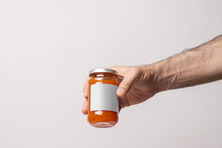 A male hand holding a juicy homemade carrot jar on a white background, editable mock-up series template ready for your designの写真素材