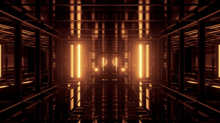 A 3D rendering of a futuristic background with geometric shapes and brown glowing neon lights