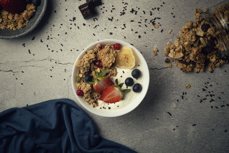 A bowl of muesli with fresh berriesの写真素材