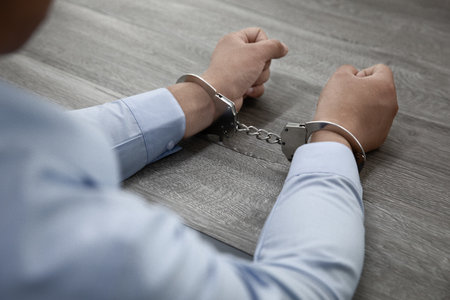 A selective focus shot of male hands in handcuffs on a wooden tableの写真素材