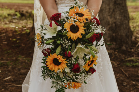 A closeup shot of a beautiful bouquet in the bride's handsの写真素材